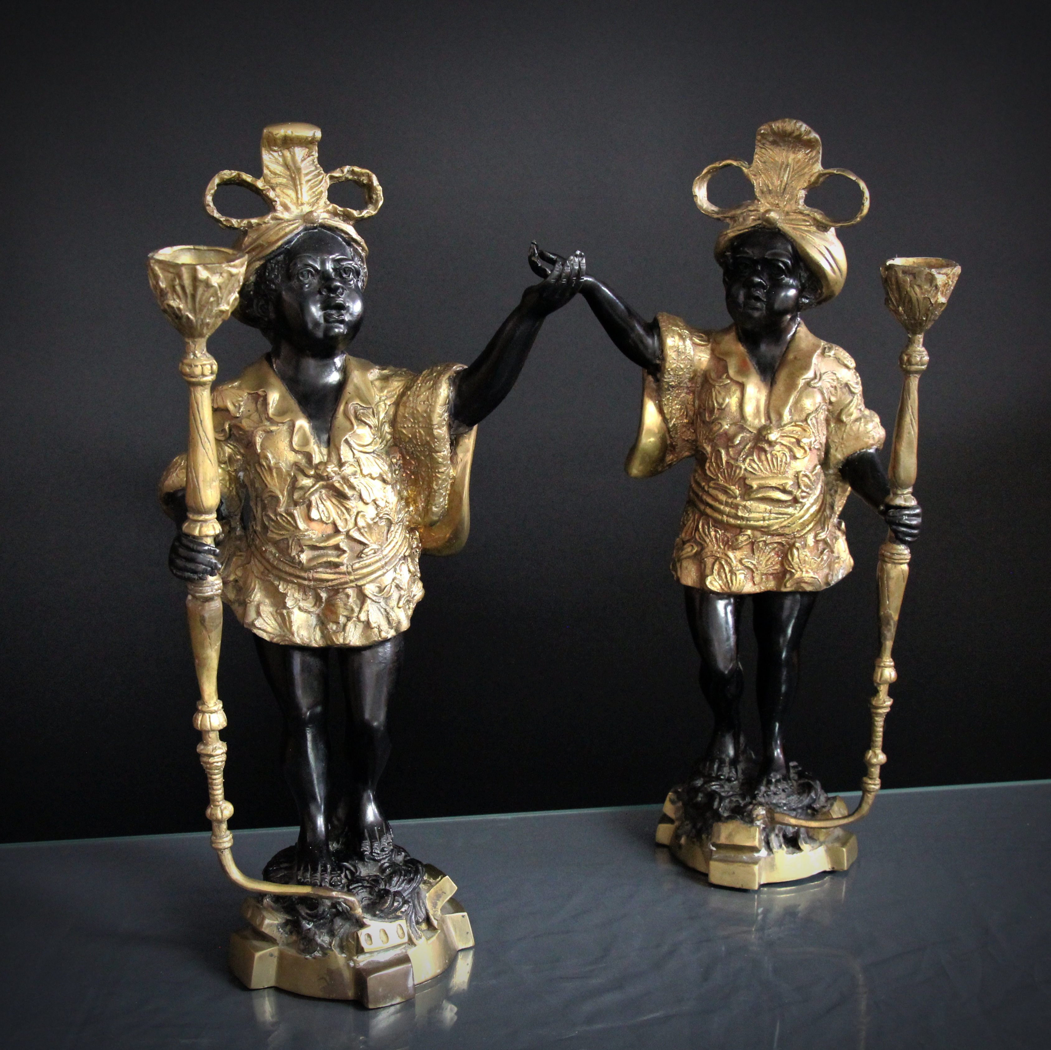 Original Pair Antique Bronze Blackamoor Figural Candle Holders